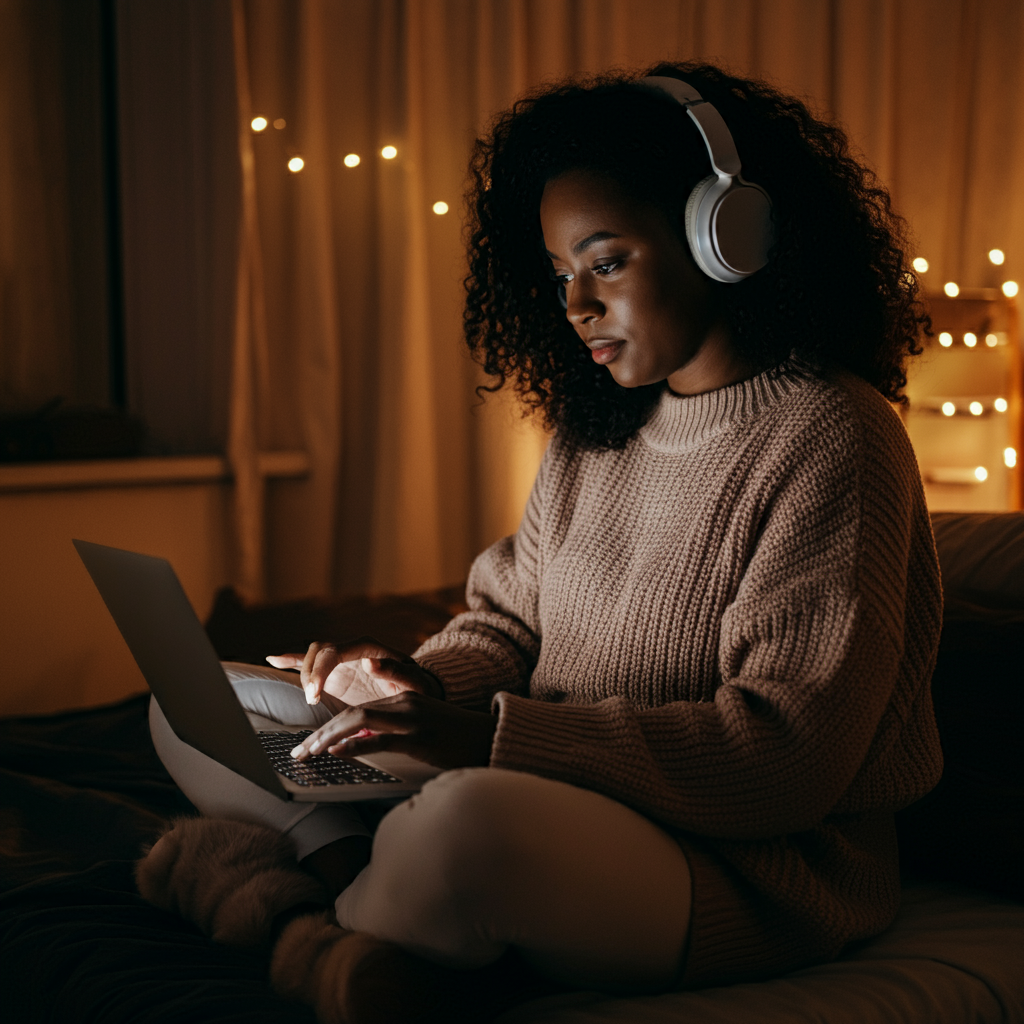 woman in her mid 20s listening to music