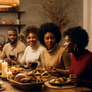 friends sitting at a dinner table for thanksgiving