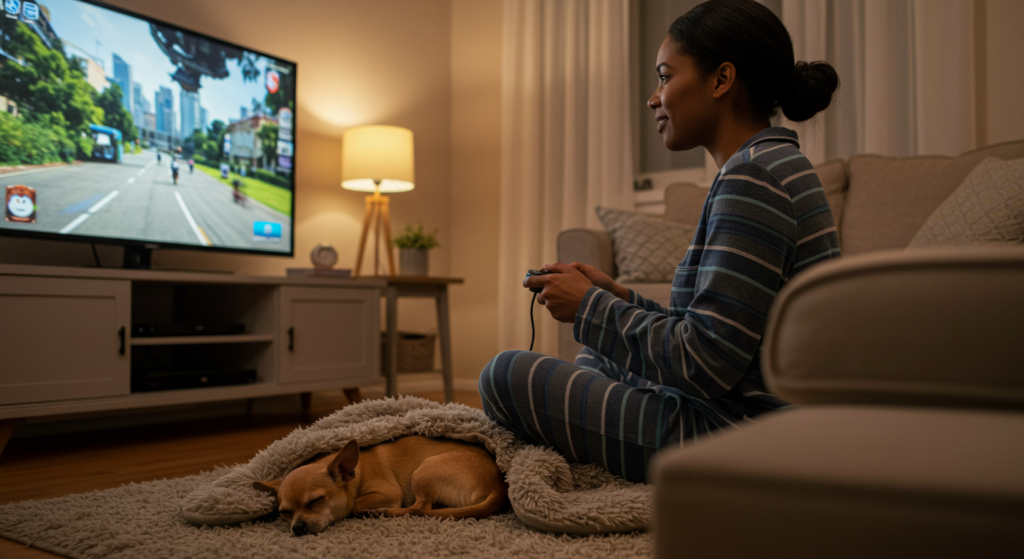 woman at home playing video games