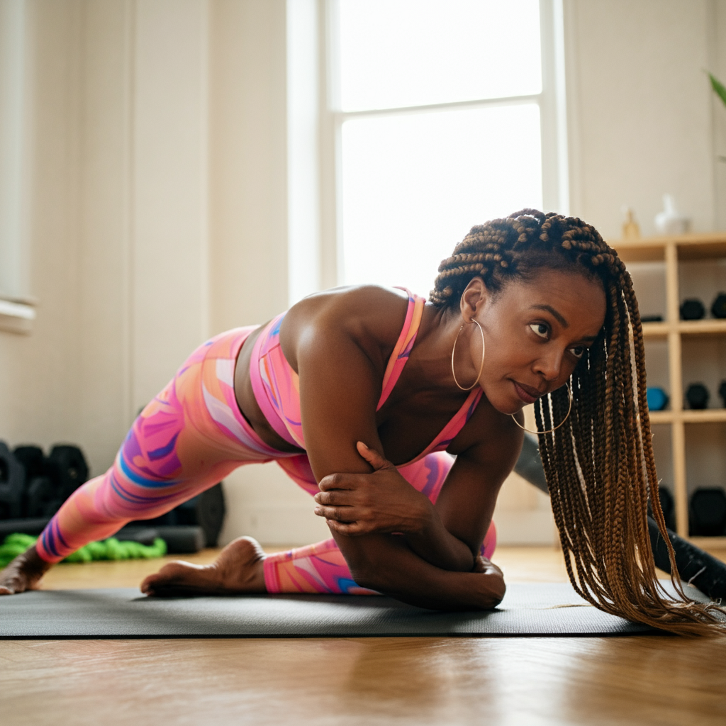 woman in her mid 30s exercising with fibroids