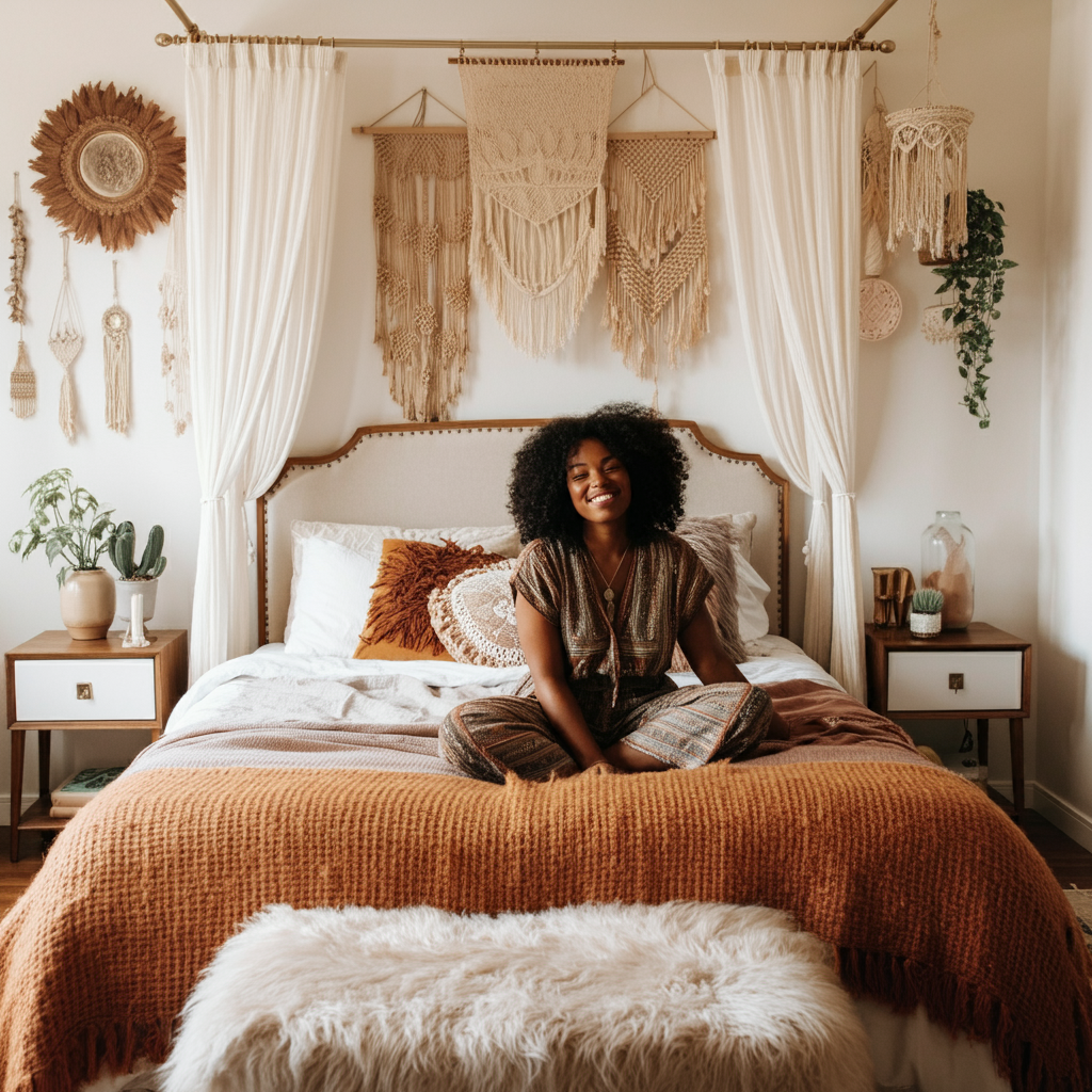 black woman in her mid 30s smiling while sitting in her bedroom