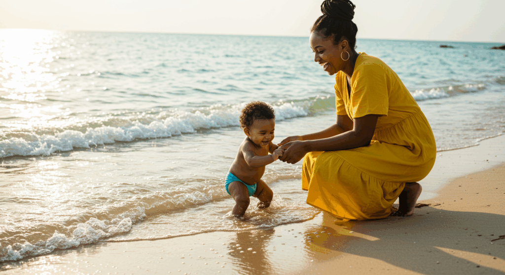 mom and baby at the beach