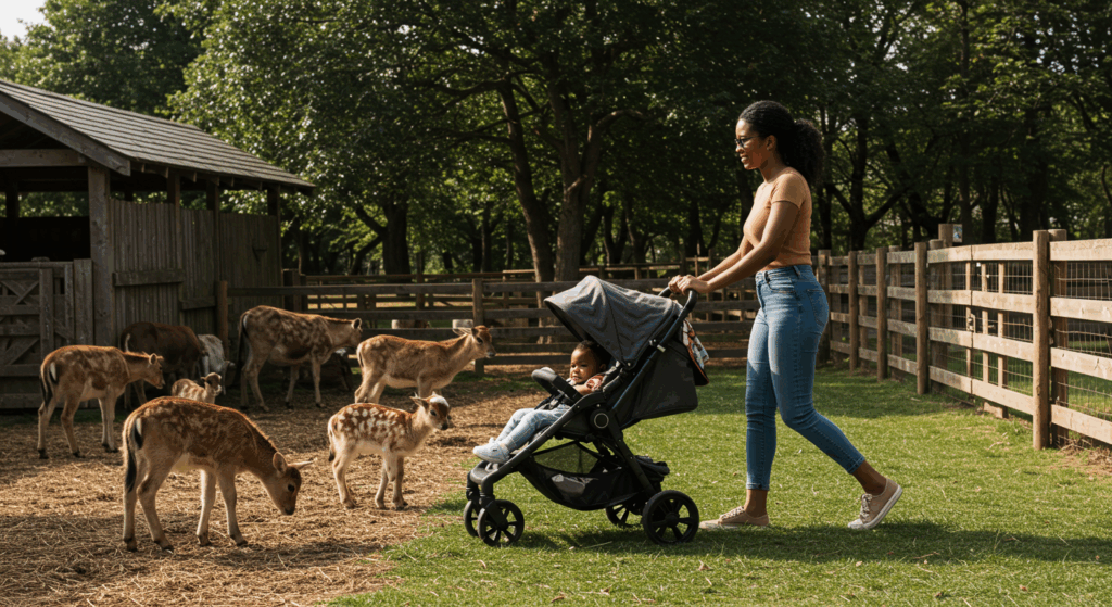 mom and baby at a petting zoo