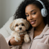 woman in mid 30s holding a dog