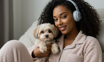 woman in mid 30s holding a dog