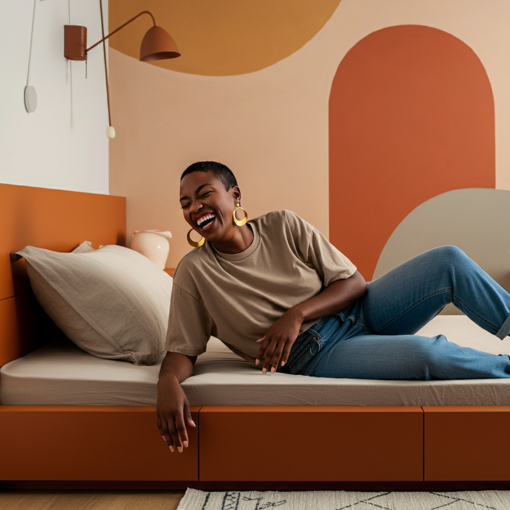 black woman in her mid 30s smiling while sitting on her bed in newly remodeled bedroom