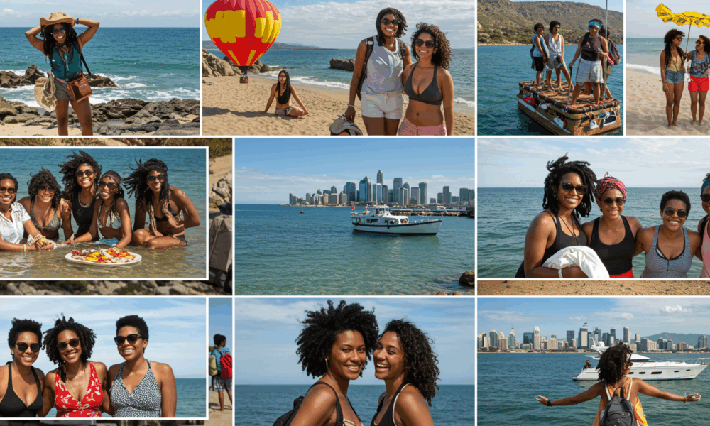 collage of black female solo travelers on a trip together