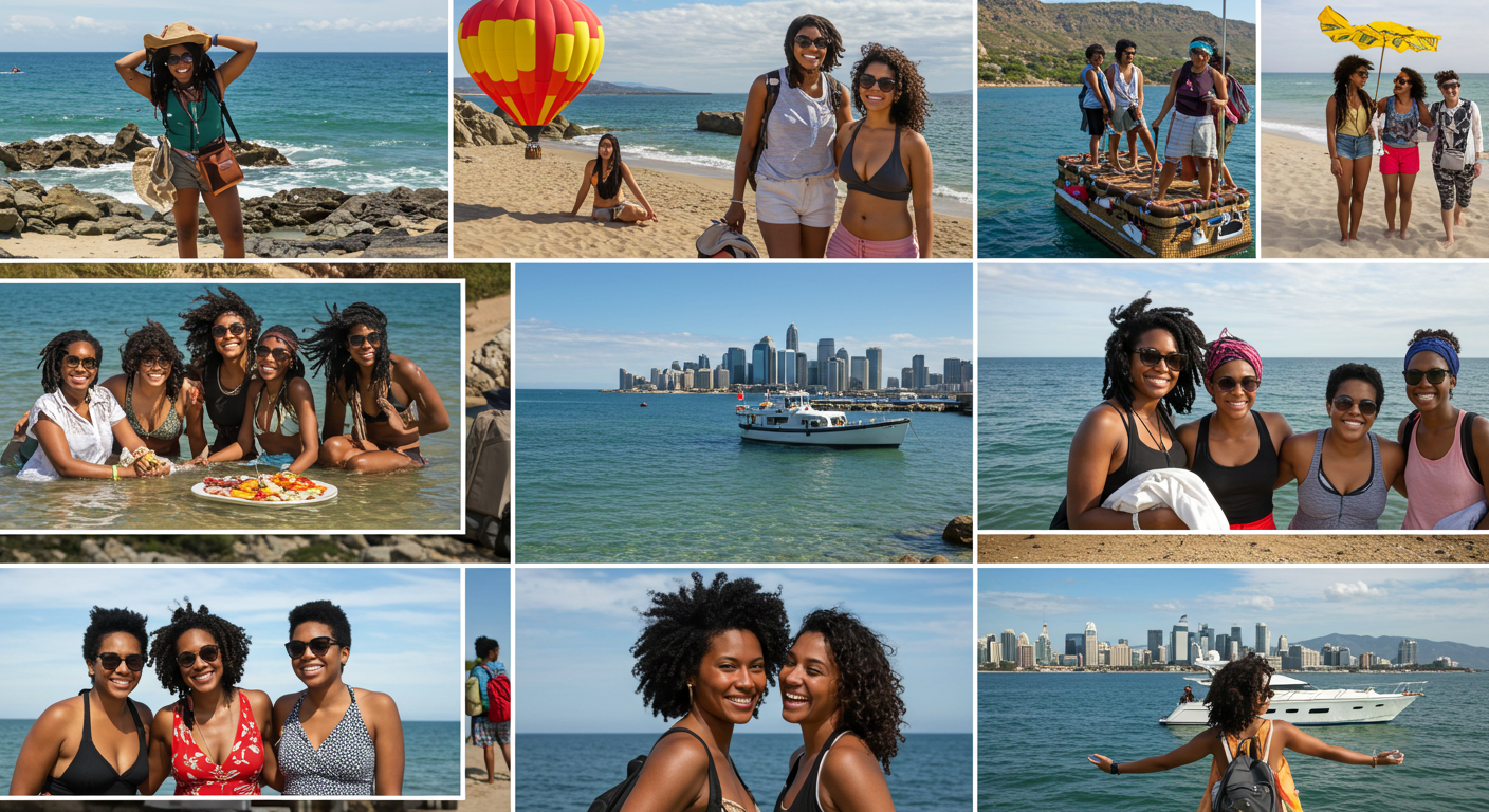 collage of black female solo travelers on a trip together